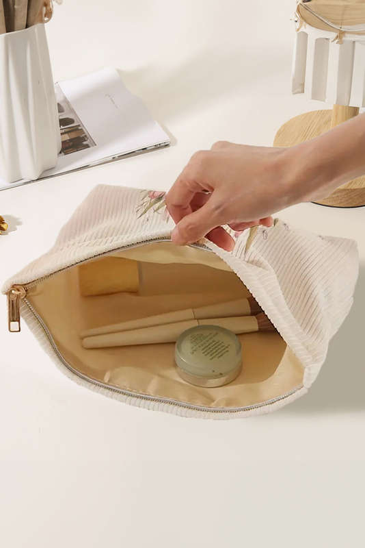 White Eater Bunny Print Corduroy Zipper Cosmetic Bag