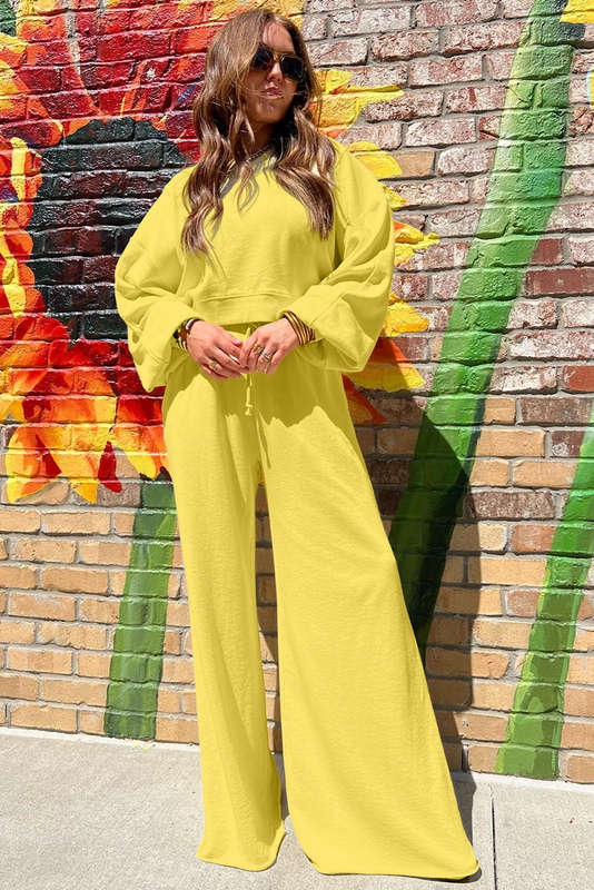 Yellow Cream Drop Shoulder Puff Sleeve Crop Pullover Drawstring Wide Leg Pants Set