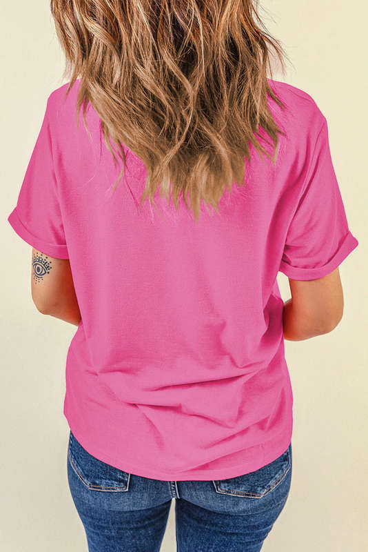 Sachet Pink Bright Casual Plain Crew Neck Tee