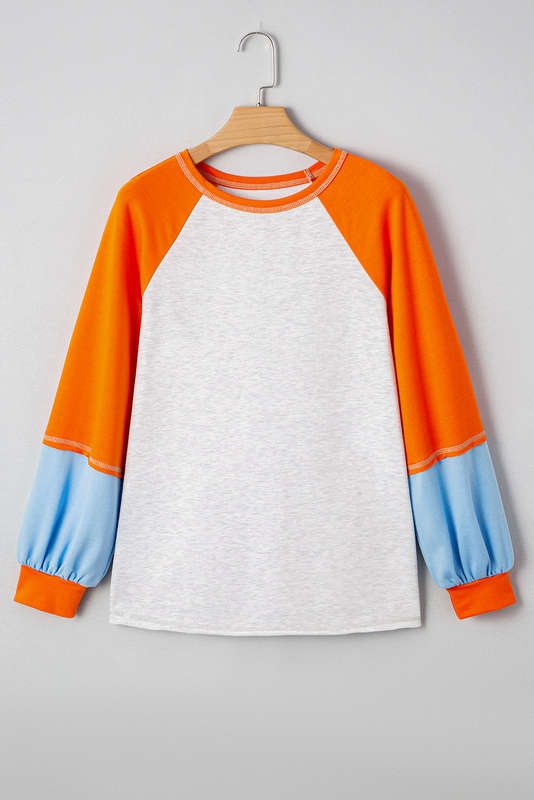 Light Grey Color Block Raglan Sleeve Contrast Stitching Loose Fit Top