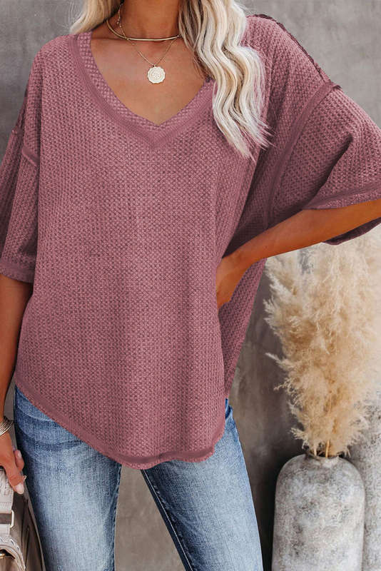 Exposed Seam Half Sleeve Knitted V Neck Textured Top