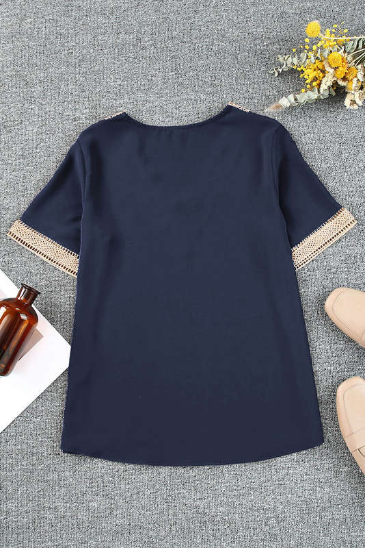 Blue Lace Trim V Neck Short Sleeve Blouse