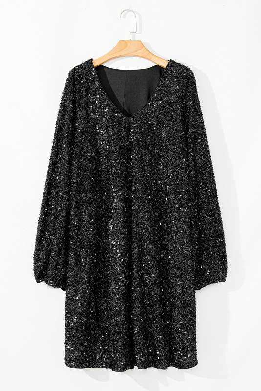 Color black Plus Size Bubble Sleeve V Neck Sequin Dress