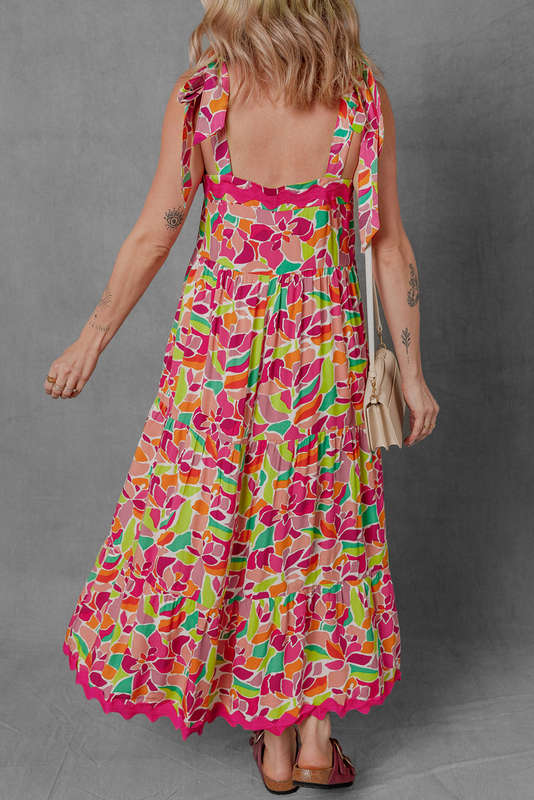 Multicolour Floral Tied Straps Ricrac Trim Maxi Dress