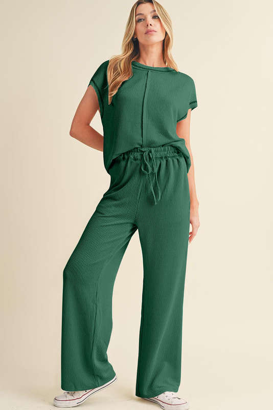 Blackish Green Solid Color Corded Short Sleeve Top and Casual Pants Set
