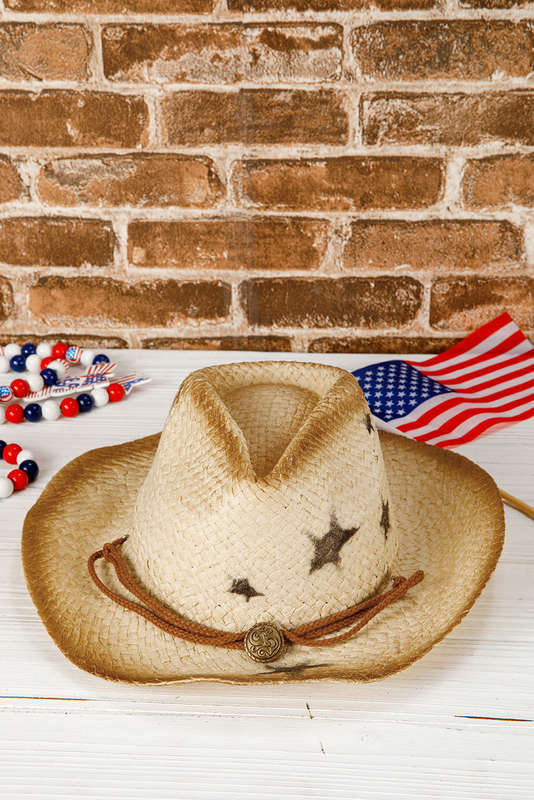 Khaki Vintage Star Shape Woven Wide Brim Buckle Hat
