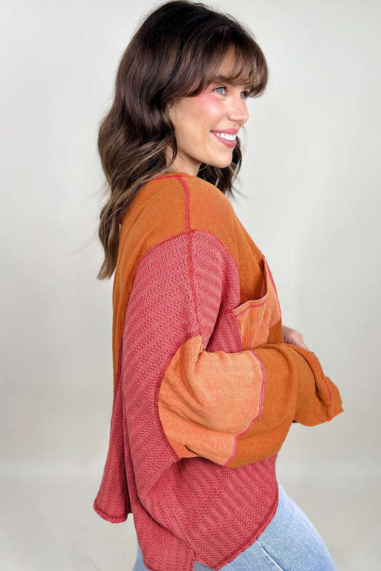 Orange Textured Knit Color Block Patchwork Chest Pocket Plus Size Top