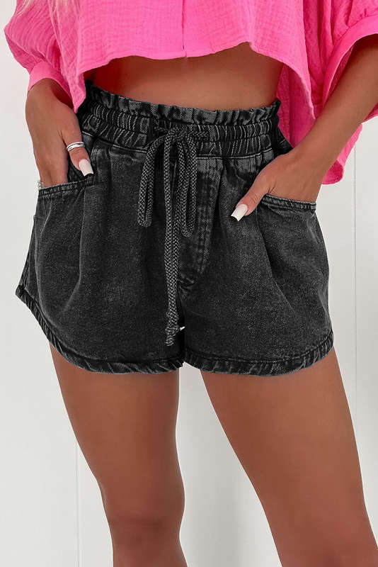 Black Drawstring High Waist Casual Denim Shorts with Pockets