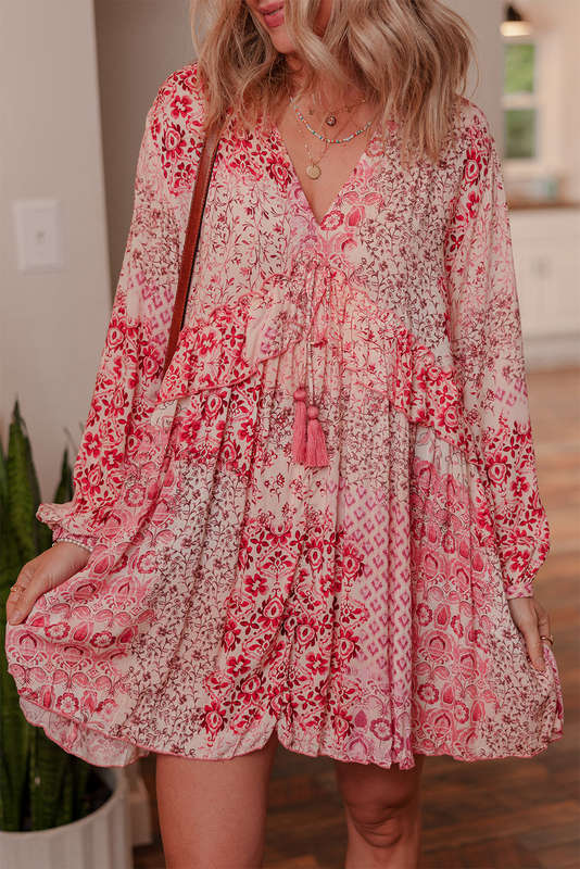 Pink Bohemian Floral Print Tassel Tie Long Sleeve Flowy Mini Dress