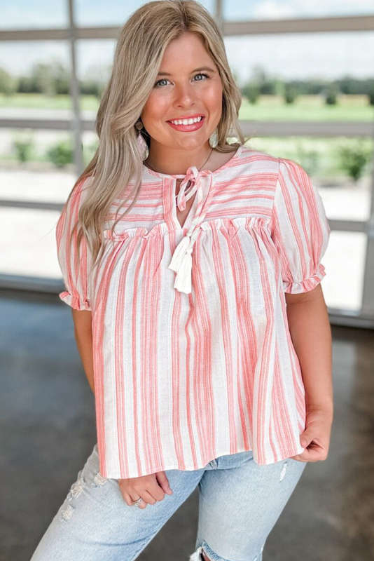 Pink Stripe Plus Size Tassel Tie Frilled Detail Short Sleeve Blouse