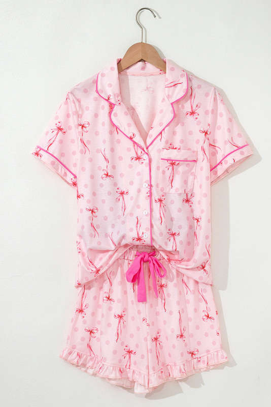 Pink Bow Print Contrast Pipping Short Pajamas Set