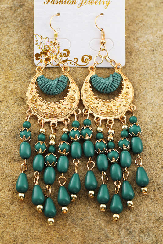 Light Blue Boho Beaded Tassel Alloy Charm Earrings