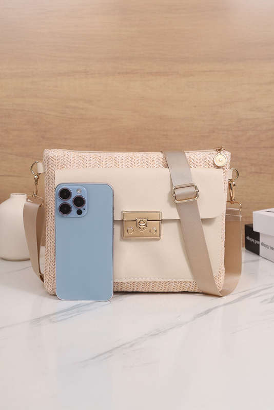 Beige Leather Pocket Patchwork Straw Woven Shoulder Bag
