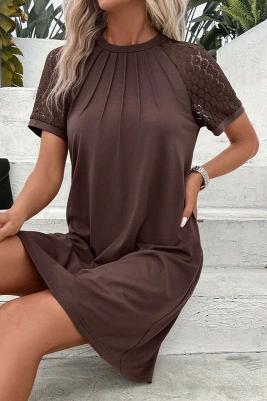 Dark Brown Contrast Lace Raglan Sleeve Pleated Detail Shift Dress