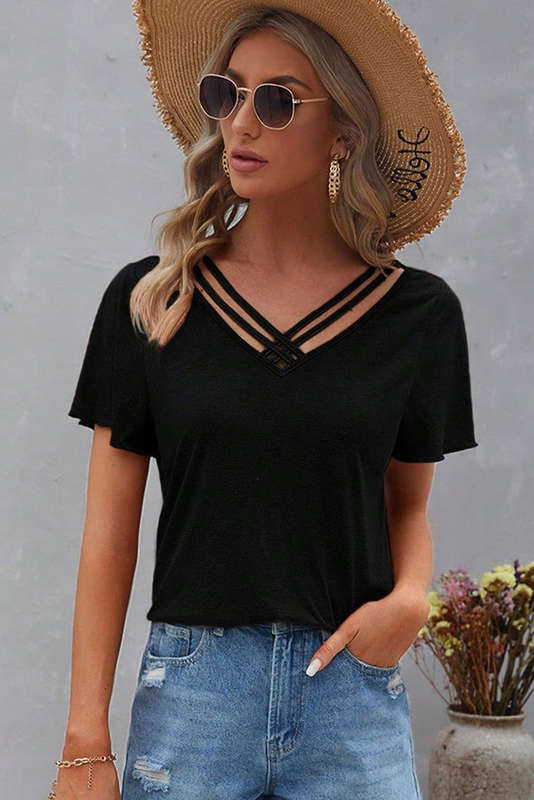 Black Crisscross V Neck Butterfly Sleeve T Shirt