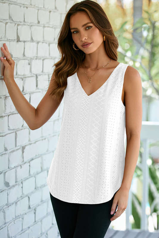White Eyelet Knit Patterned Loose V Neck Tank Top