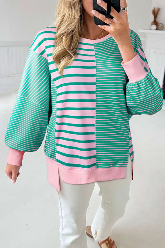 Green Stripe Mix Pattern Color Block Patchwork Side Slit Baggy Sweatshirt