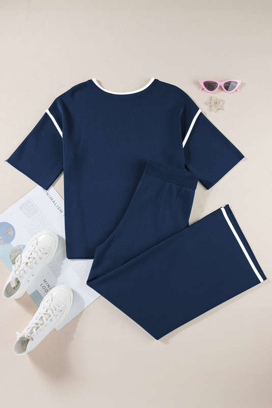 Navy Blue Contrast Trim Half Sleeve Top Drawstring Pants Loose 2pcs Sweater Suit