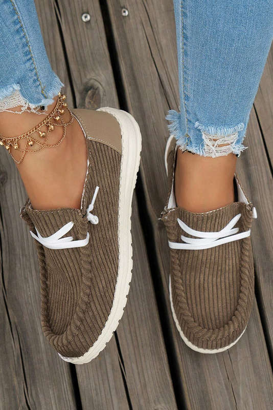 Coffee Solid Ribbed Criss Cross Slip On Casual Shoes