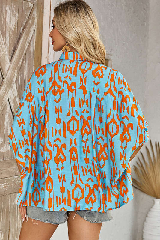 Sky Blue Abstract Print Dolman Short Sleeve Western Loose Shirt