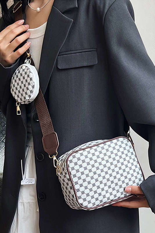 White Checkered Print PU Leather Shoulder Bag with Coin Wallet