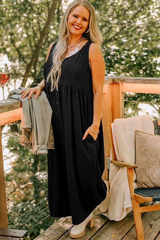 Black Plus Size Sleeveless Button Front Loose Jumpsuit