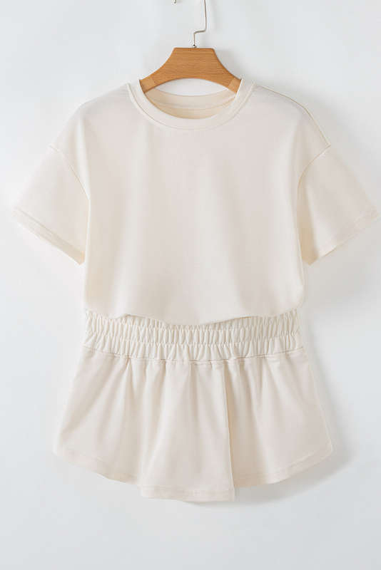 Beige 2pcs Cropped Tee and Ruffle High Waist Skort Set