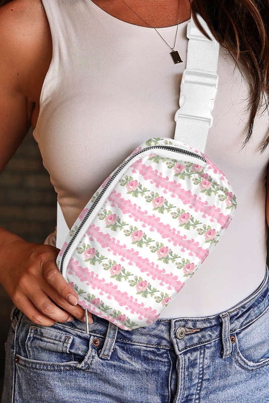 White Flower Print Buckle Wide Strap Sling Bag