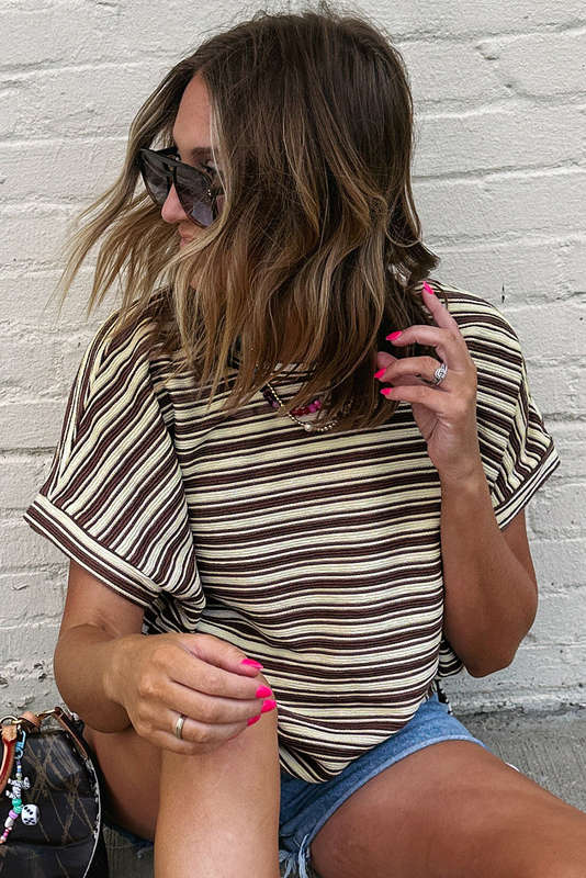 Brown Stripe Textured Side Slits Crew Neck T Shirt