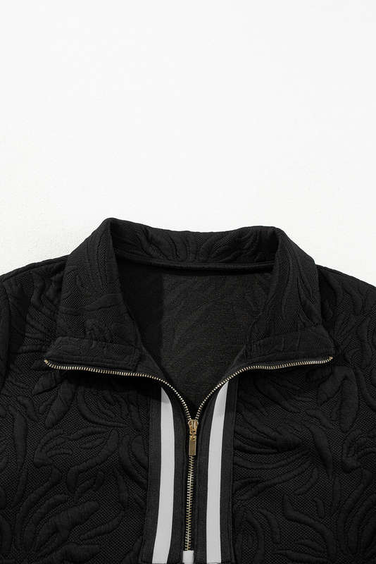 Black Jacquard Textured Quarter Zipper Shift Mini Dress