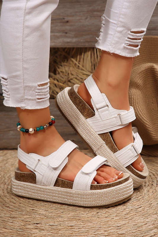 White Double Velcro Woven Platform Sandals