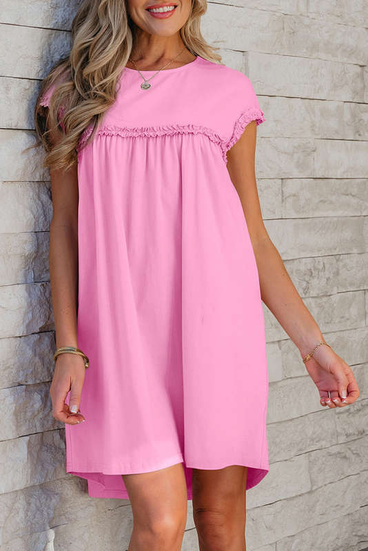 Pink Frilled Trim Crew Neck Loose Fit Mini Dress