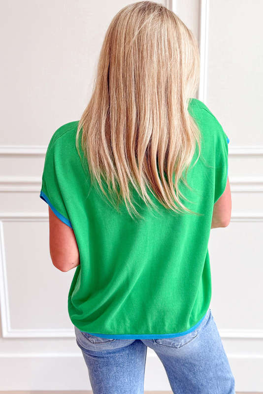 Green Contrast Trim Round Neck Short Sleeve Loose Knit Sweater