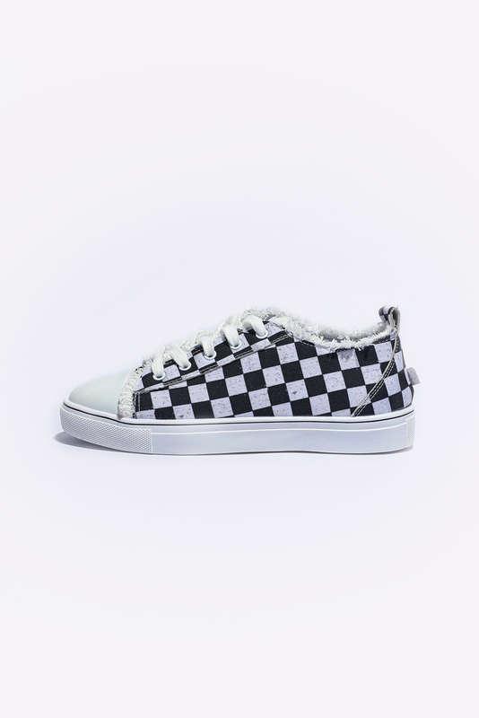 Black Checkered Print Raw Edge Lace-up Canvas Shoes