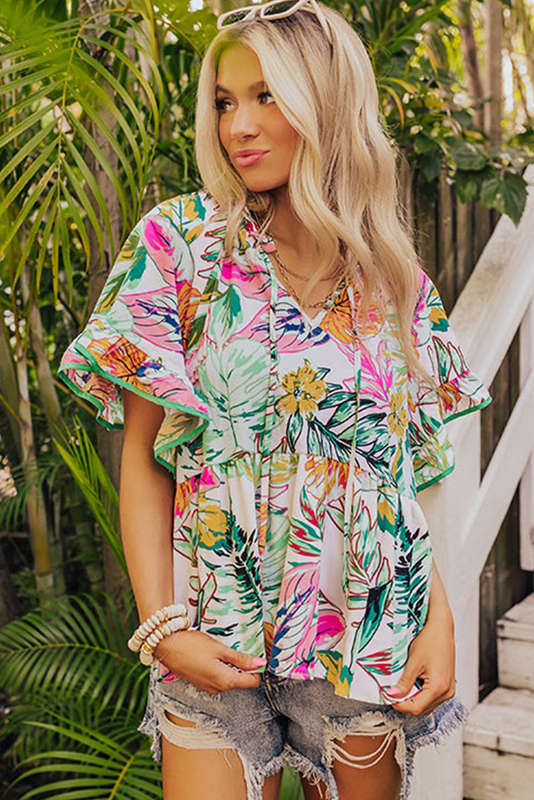 White Tropical Floral Print Ruffled Short Sleeve Blouse