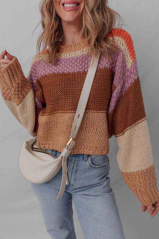 Multicolour Cropped Colorblock Drop Shoulder Knitted Sweater