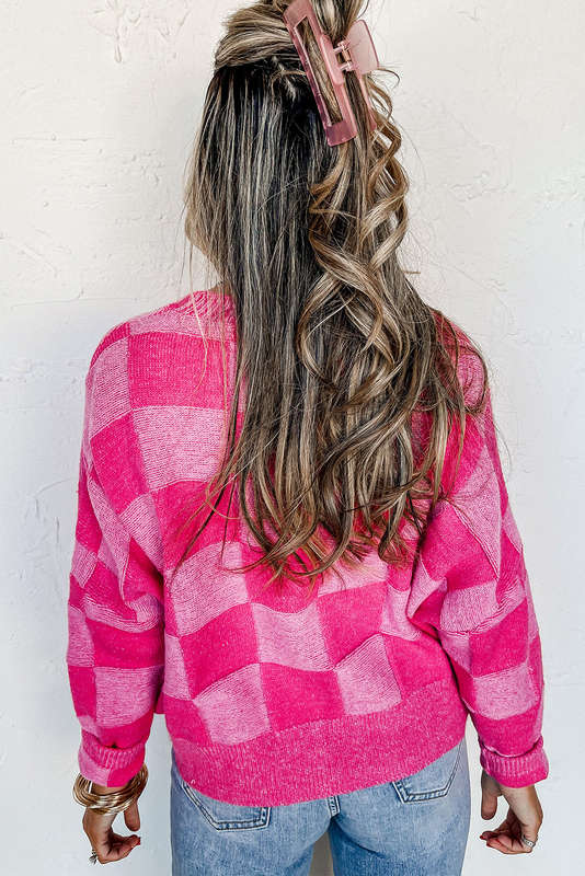 Pink Checkered Drop Shoulder Buttoned V Neck Cardigan