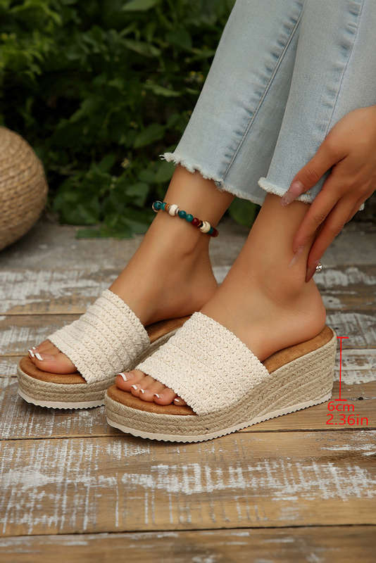 White Woven Wide Band Platform Slippers