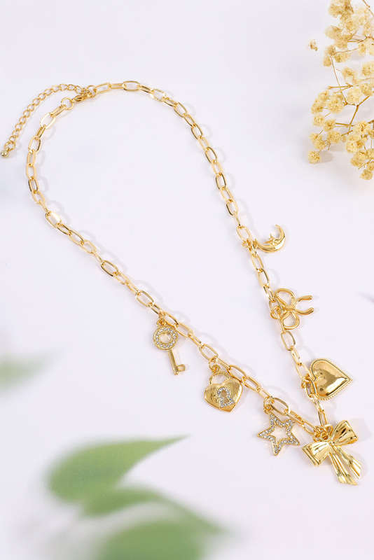 Gold Bow Heart Star Key Charm Alloy Adjustable Chain Necklace