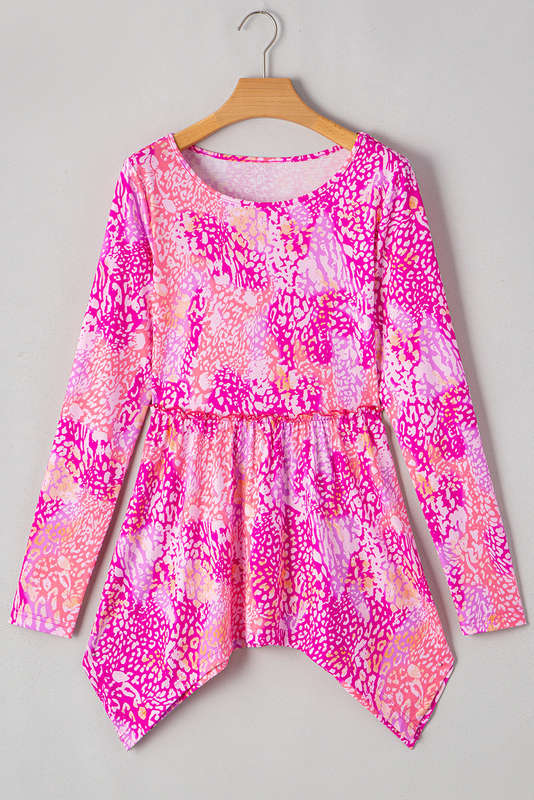 Rose Classic Leopard Print Handkerchief Hem Tunic Top