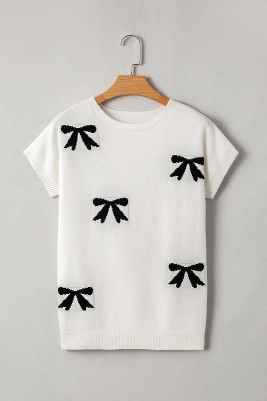 White Bow Pattern Knit Short Sleeve Sweater