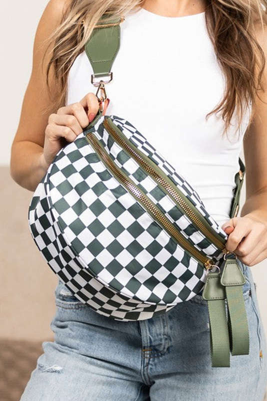 Blackish Green Checkered Print Wide Strap Large Crossbody Bag