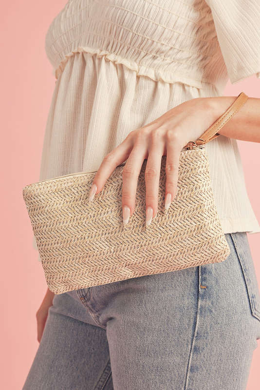 Oatmeal Straw Woven Wrist Strap Zipper Large Wallet