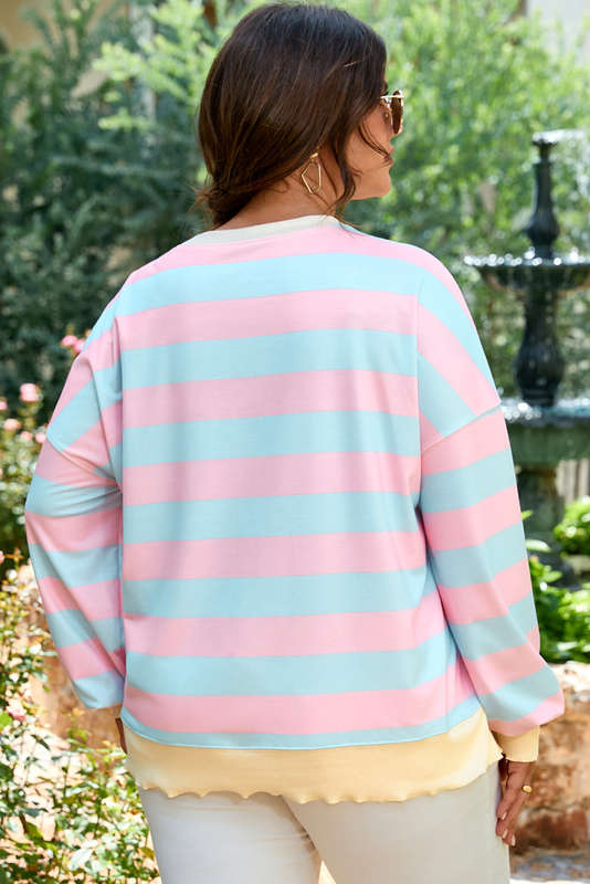 Sky Blue Stripe Drop Shoulder Crewneck Plus Size Sweatshirt