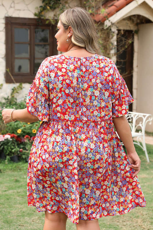 Red Dainty Flower Printed Plus Size Short Sleeve Shift Dress
