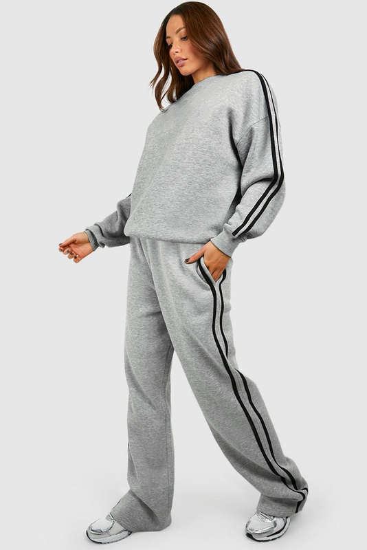 Light Grey Solid Color Side Striped Sweatshirt Active Set