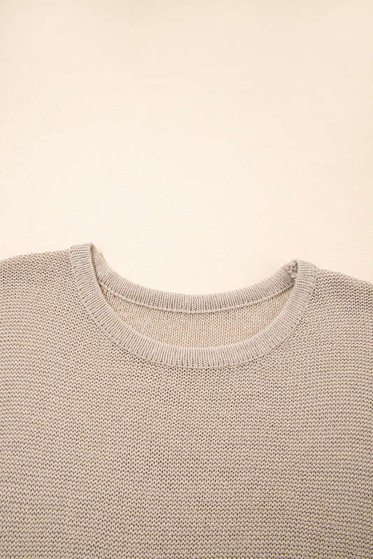 Beige Shiny Knitted Short Sleeve Drop Shoulder Sweater