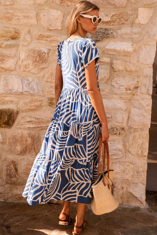 Sky Blue Boho Printed Short Sleeve Flare Tiered Dress