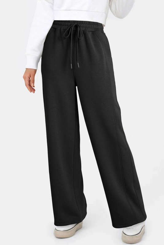 Black Scuba Drawstring Elastic Waistband Solid Color Sweatpants