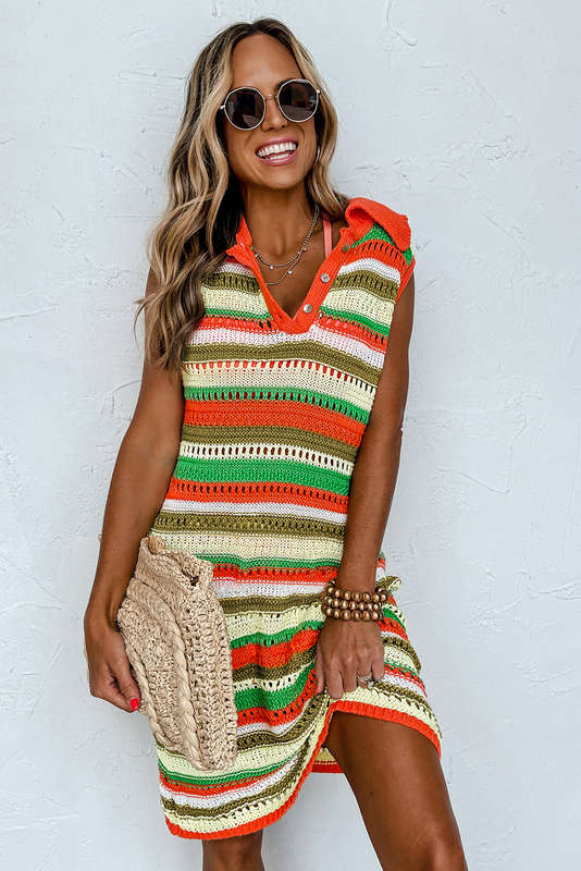 Yellow Stripe Eyelet Sleeveless Buttoned Split Neck Sweater Dress